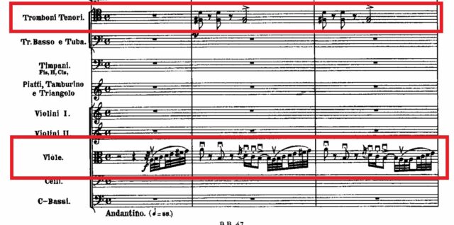 第4曲「踊の情景(Scène dansante)」の冒頭:赤枠のトロンボーンとヴィオラだけの演奏